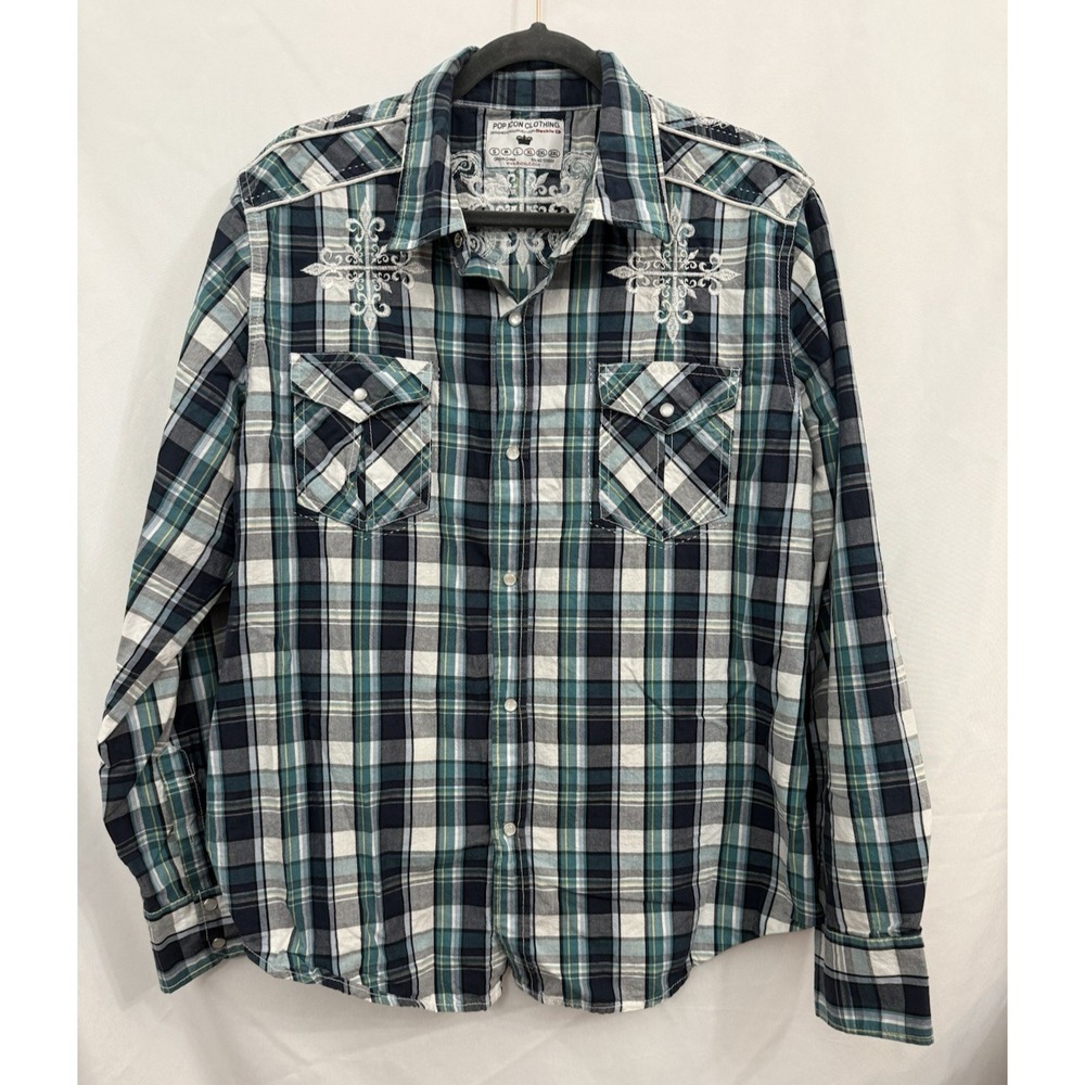 Pop Icon Clothing Buckle Mens XL Green Plaid‎ Button Down Casual Shirt LS